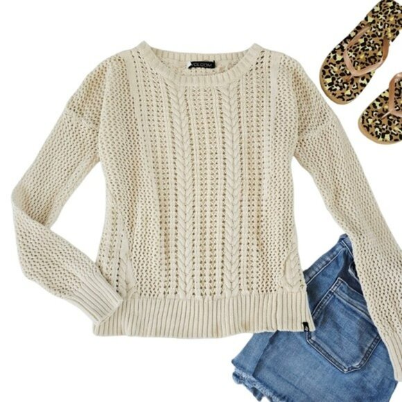 Volcom Women's Ivory Open Knit Sweater Size Small Rounded Neckline Beachy Boho - Picture 12 of 12